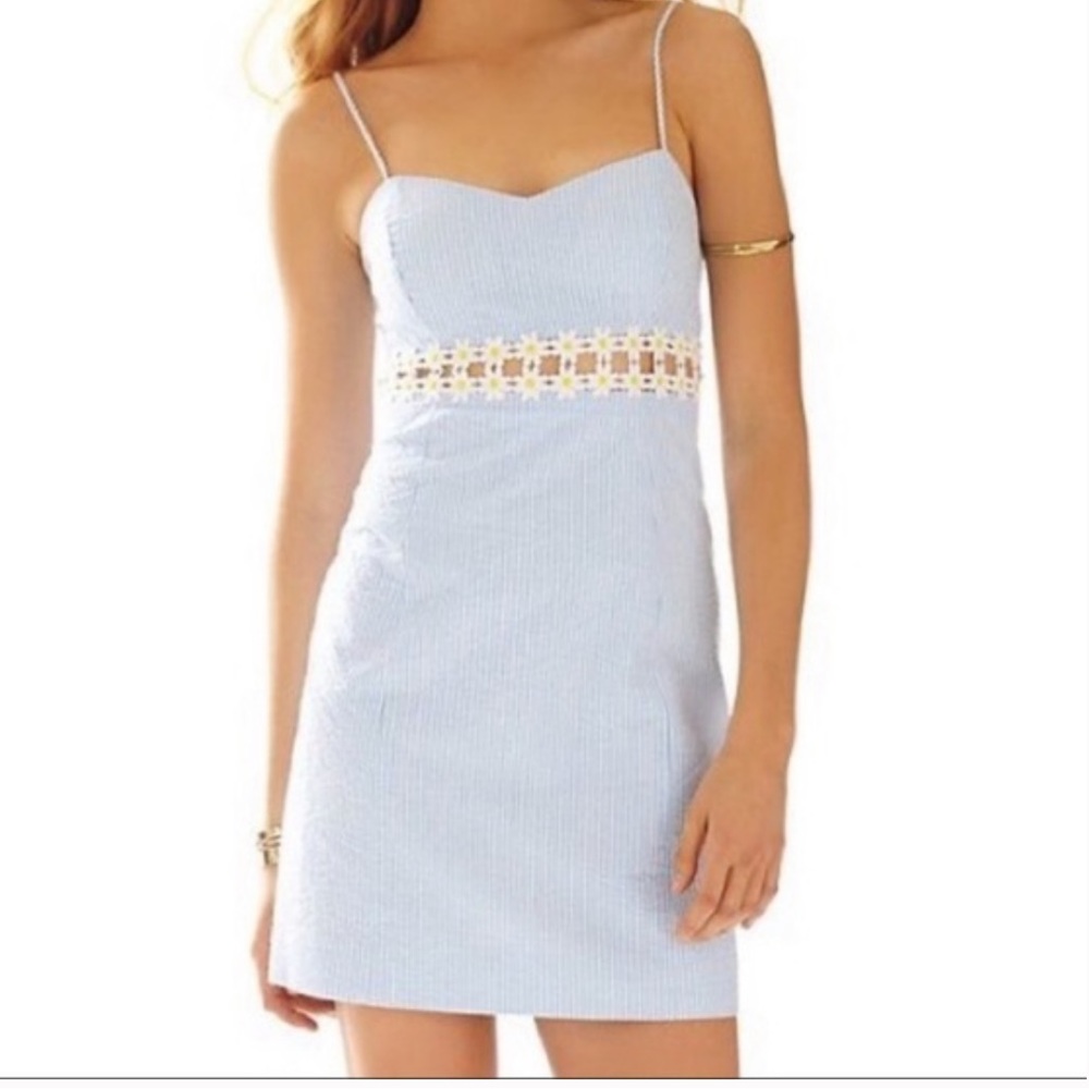 Lilly Pulitzer Summer dress Sheena Ariel blue seersucker Daisy lace dress size 6